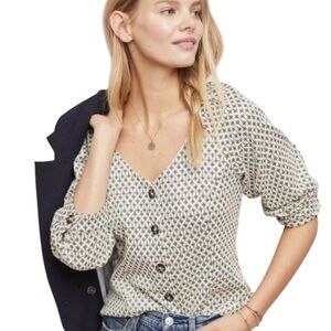 Anthropologie Ett Twa Coralie Metallic Jacquard Button Front Puff Sleeve Top - M